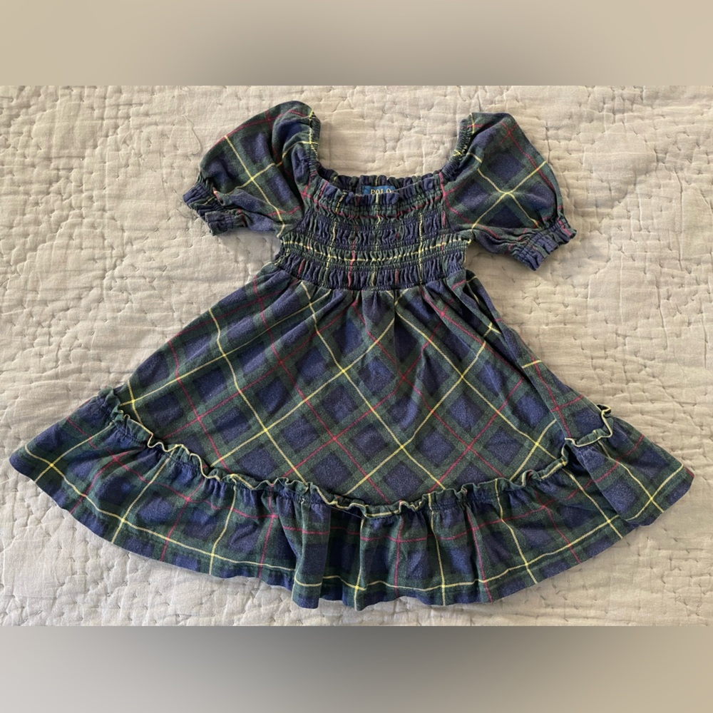 Polo Ralph Lauren Girls' Smocked Ruffle Trim Dress Navy Green Plaid 3T Cotton